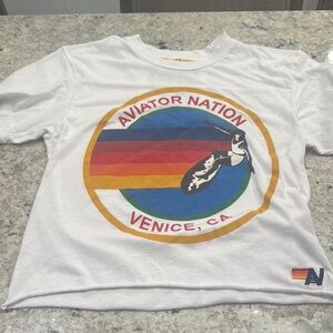 Aviator Nation White and Red Short Sleeve Tee with Surfing Graphic
